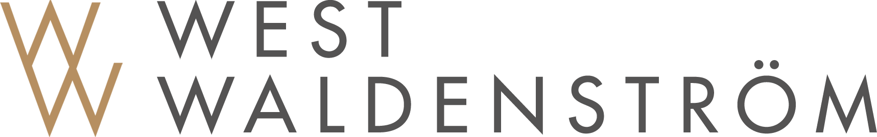 West Waldenströms logotyp, två guldiga W staplade snett på varandra till vänster, följt av efternamnen West Waldenström staplade rakt på varandra till höger, i färgen mörk-grå.